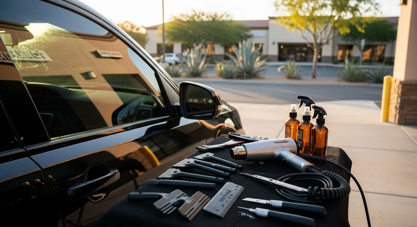 Professional window tinting installation on vehicle