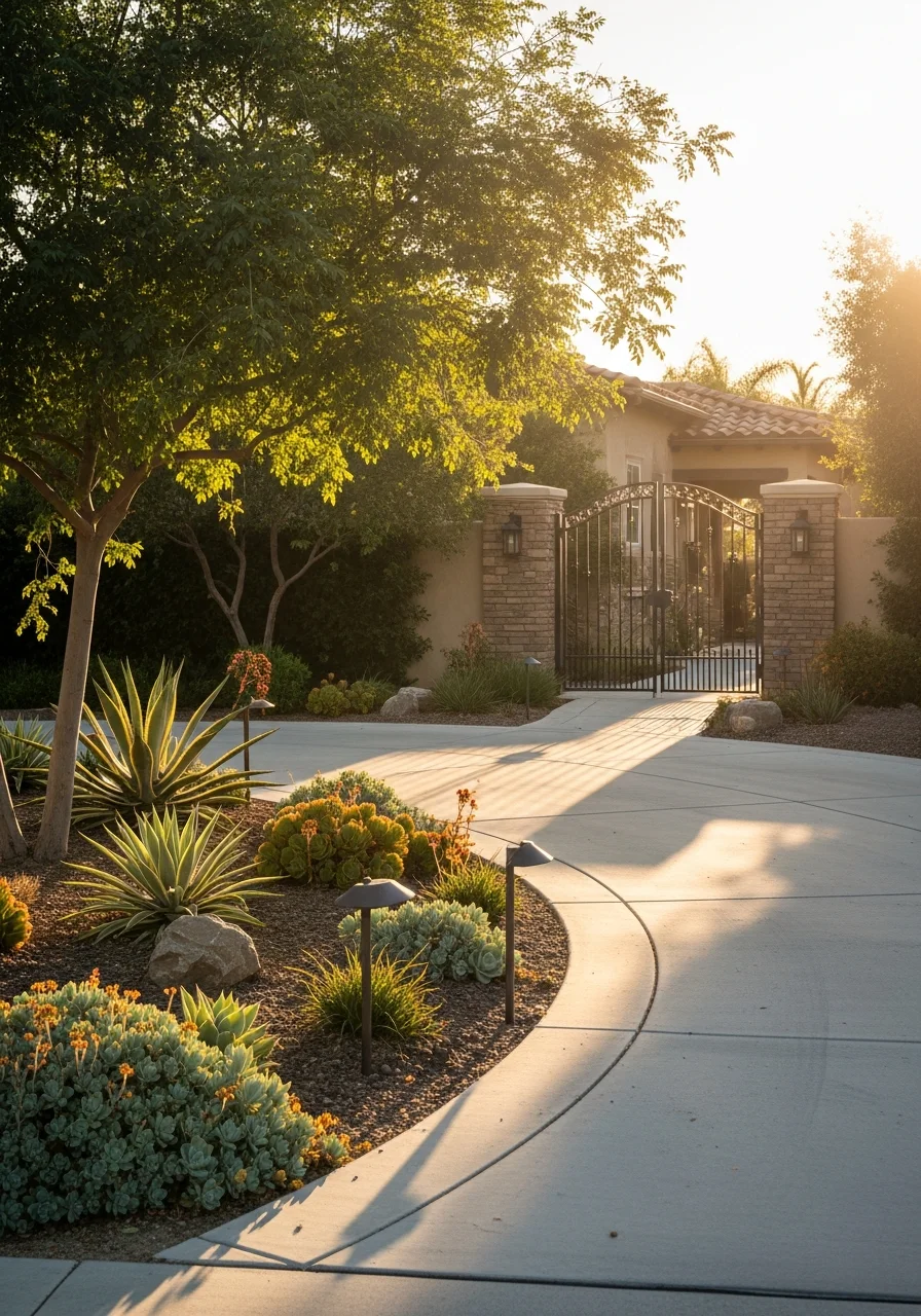 A close-up view of a Pala property entrance with native landscaping and clear driveway access.