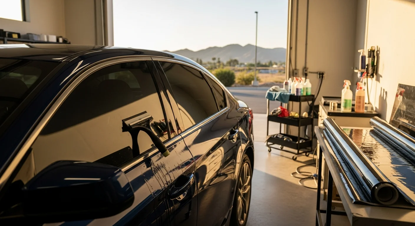 A dark-tinted SUV parked outdoors in Pala, CA, with professionally applied window film visible on the rear and side glass panels. The vehicle sits under clear Southern California sky with the rural San Diego County landscape in the background.