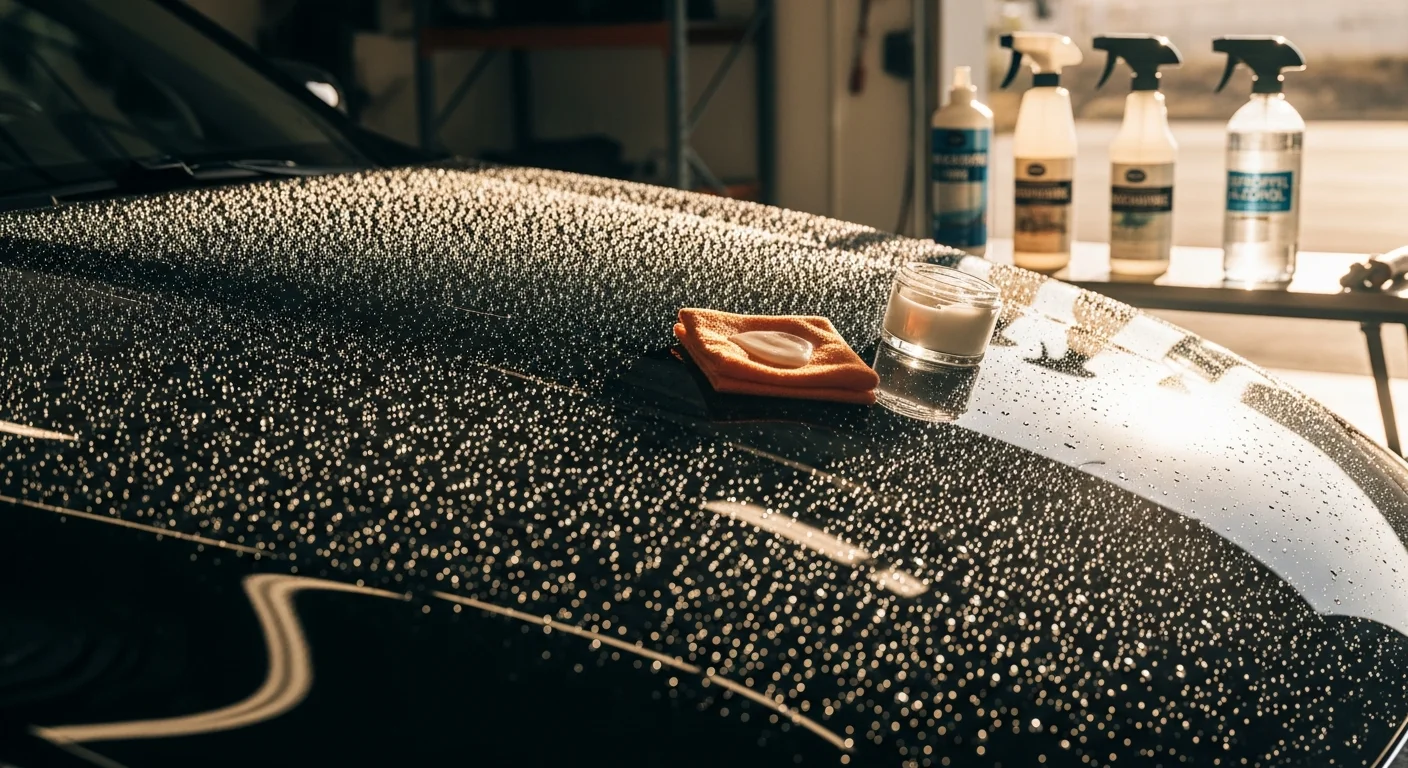 A dark-colored sedan with a freshly applied ceramic coating reflecting sharp light under the clear sky in Pala, CA. Water beads are visible on the hood and door panels, showing the hydrophobic effect of the coating.