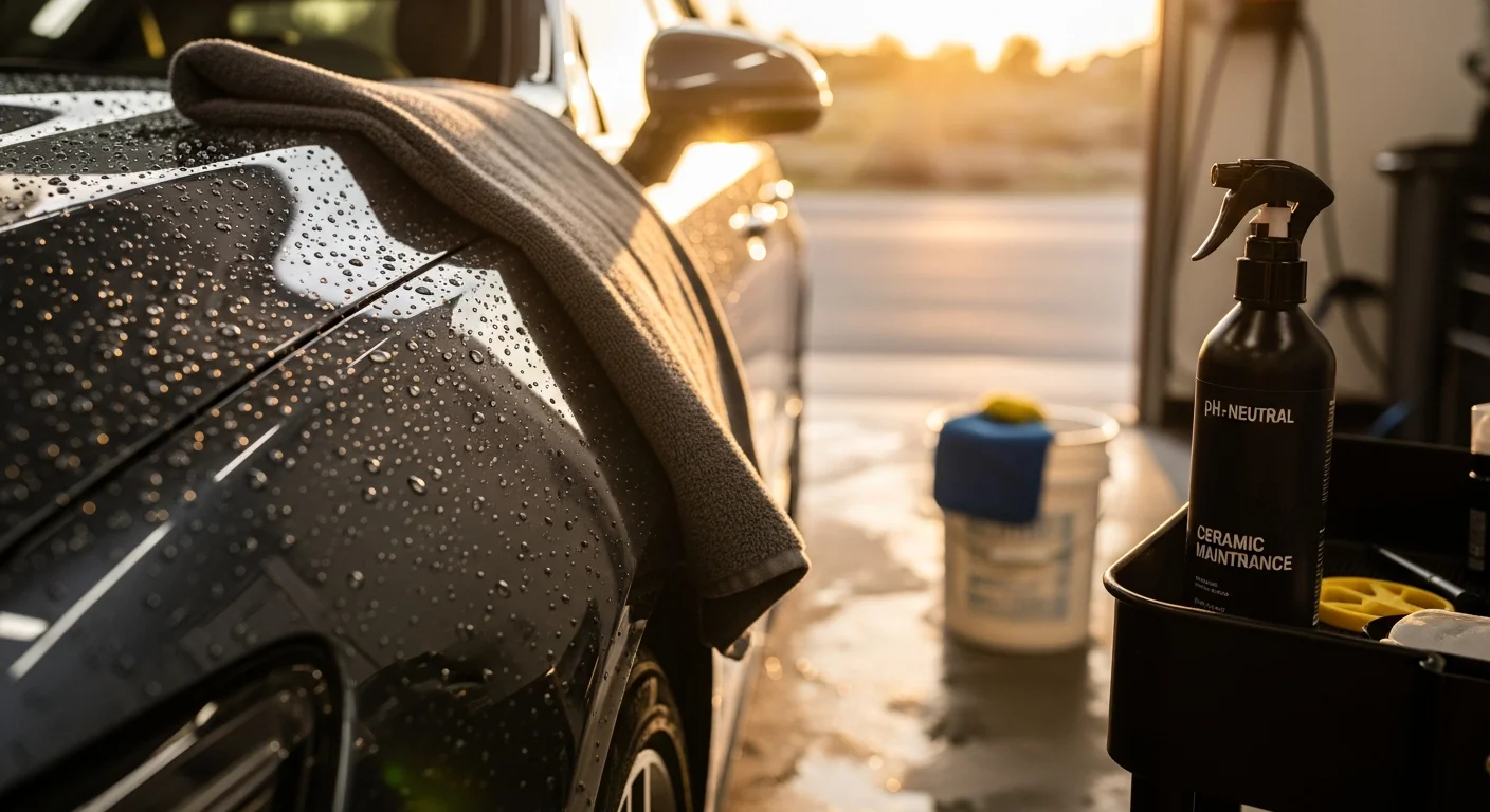 A dark-colored sedan with a freshly maintained ceramic coating showing strong water beading on the hood, parked outdoors in a sunny Pala, CA setting. An Apex Property Enhancement detailer applies a booster spray using a clean microfiber towel on the vehicle's door panel.