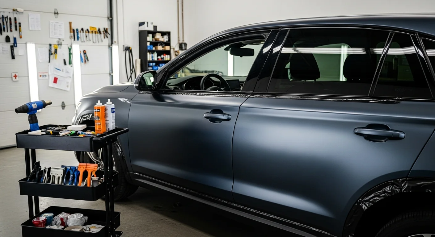 A vehicle with a freshly installed matte color change vinyl wrap parked in Pala, CA, showing full panel coverage with clean edges and a uniform finish. The wrap covers the doors, bumpers, and mirrors with no visible seams in the direct sunlight.