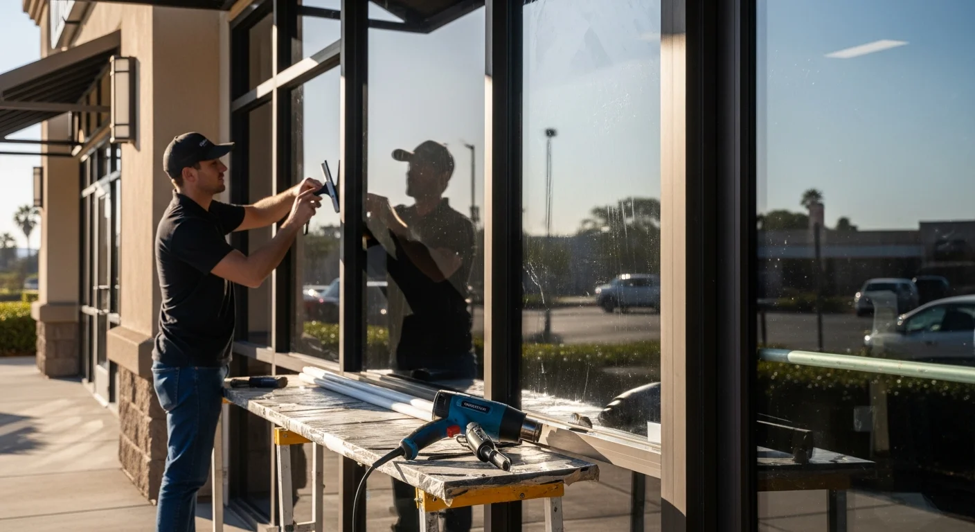 Commercial window film applied to a storefront in Pala, CA, showing reduced glare on interior workspaces with natural light still visible through the tinted glass. Exterior view of a single-story commercial building with professionally installed window tinting on south-facing glass panels.