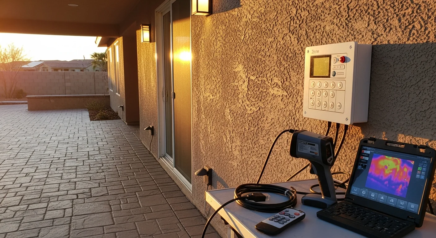 Custom LED lighting installed throughout the interior and covered outdoor patio of a residential property in Pala, CA, with layered accent and task lighting visible across multiple zones. Warm and cool LED fixtures illuminate a living area and exterior entry, designed by Apex Property Enhancement.