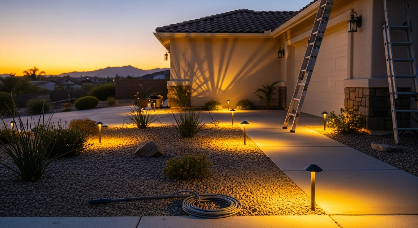 Professionally installed exterior LED lighting illuminating the driveway, front entry, and landscaping of a single-family home in Pala, CA. Warm-toned fixtures line the pathway and accent the building facade against a dark desert night sky.