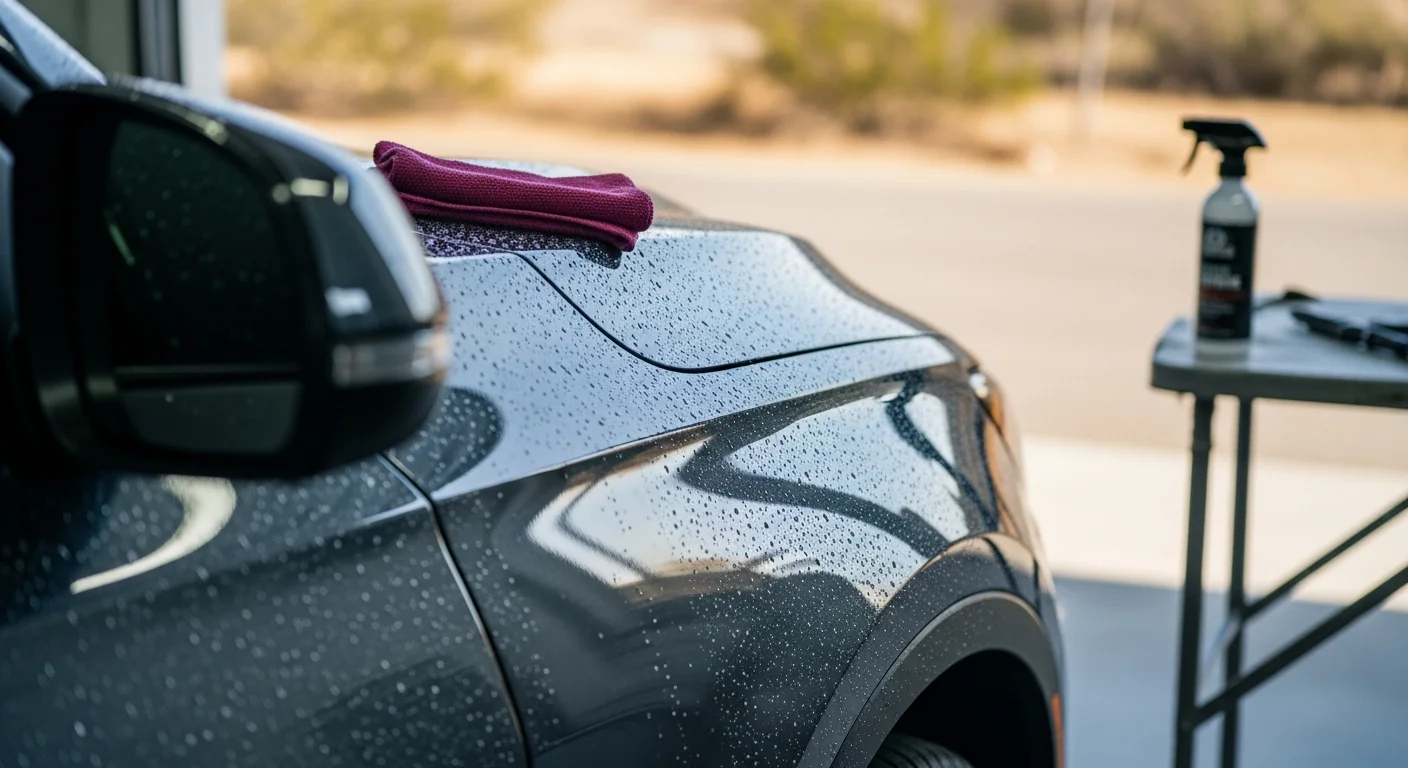 A dark-colored sedan with a freshly applied exterior protective coating reflecting sunlight in Pala, CA, with the dry inland hills of North County San Diego visible in the background. Water beads are visible on the hood and roof panels, showing the coating's hydrophobic surface.