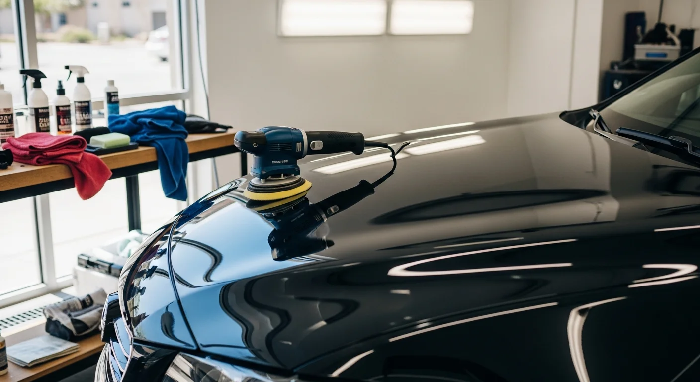A dark-colored sedan reflecting clear sky after a gloss enhancement treatment at Apex Property Enhancement in Pala, CA. The paint surface shows deep color and no visible swirl marks under direct sunlight.