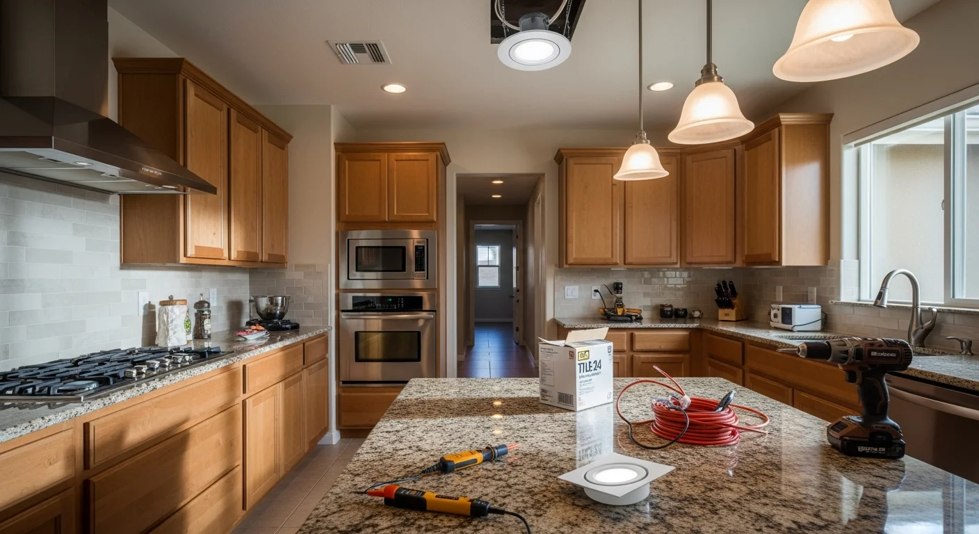 Interior of a Pala, CA single-family home with newly installed recessed LED fixtures illuminating a kitchen and adjoining living area. Clean ceiling lines and bright, even light coverage show the completed installation by Apex Property Enhancement.