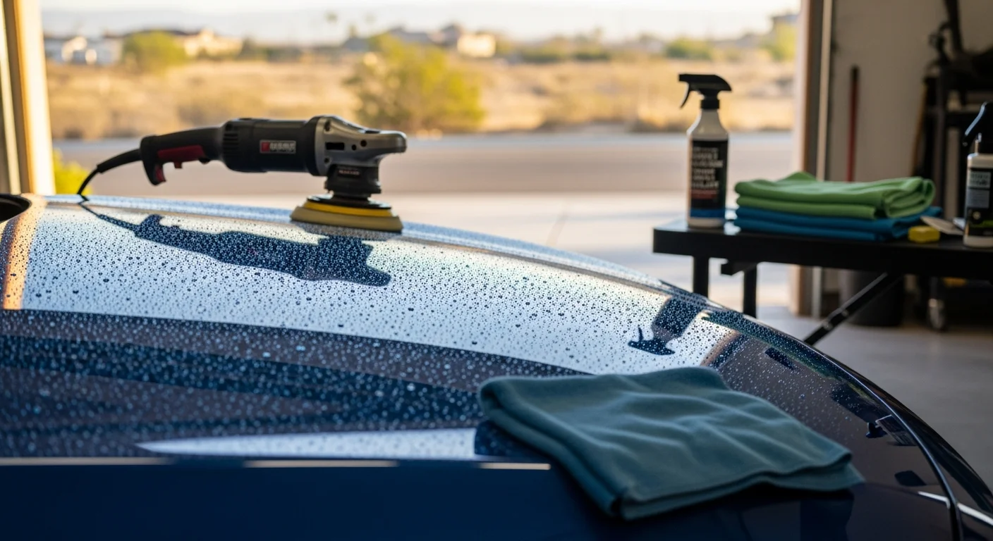 A dark-colored sedan with a freshly sealed, high-gloss finish parked under bright Southern California sun in Pala, CA. Close-up view shows water beading on the hood surface after paint protection and sealing service by Apex Property Enhancement.