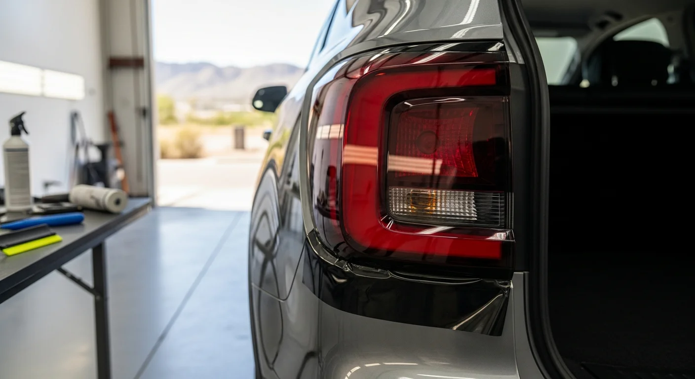 Close-up of smoked tint film professionally applied to the rear taillights of a vehicle at Apex Property Enhancement in Pala, CA. The lenses show a clean, dark finish with the red light still visible through the film.